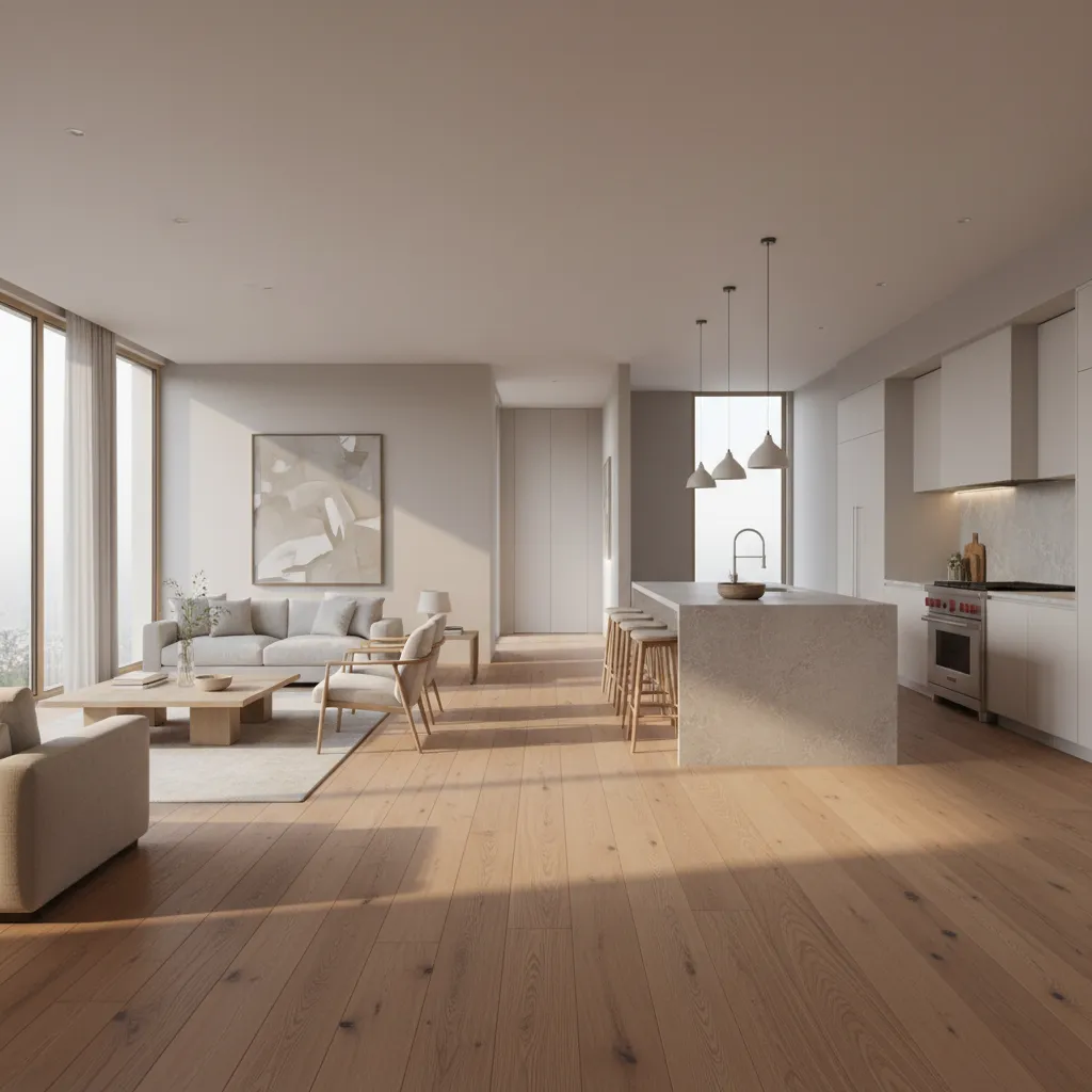 Finished hardwood flooring in open plan American home interior