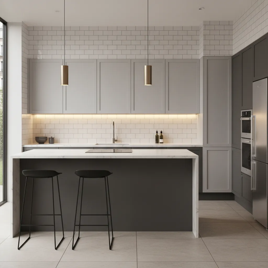 Finished modern kitchen backsplash extending to ceiling