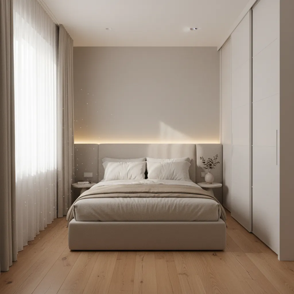 Finished cozy bedroom created from former laundry room with wood floor and soft lighting