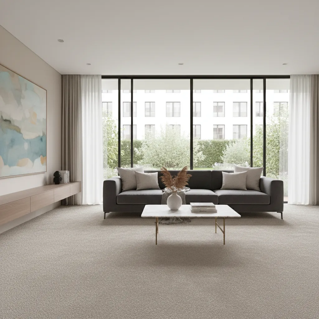 finished modern living room with newly installed neutral carpet flooring