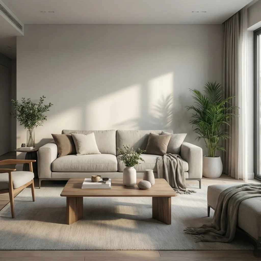 finished modern living room with fresh neutral wall paint