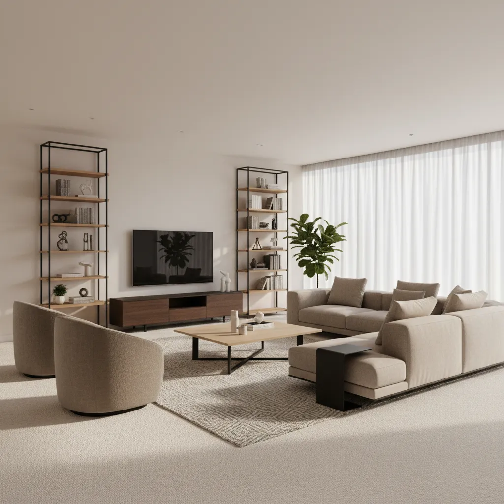 Modern living room with newly installed soft carpet flooring