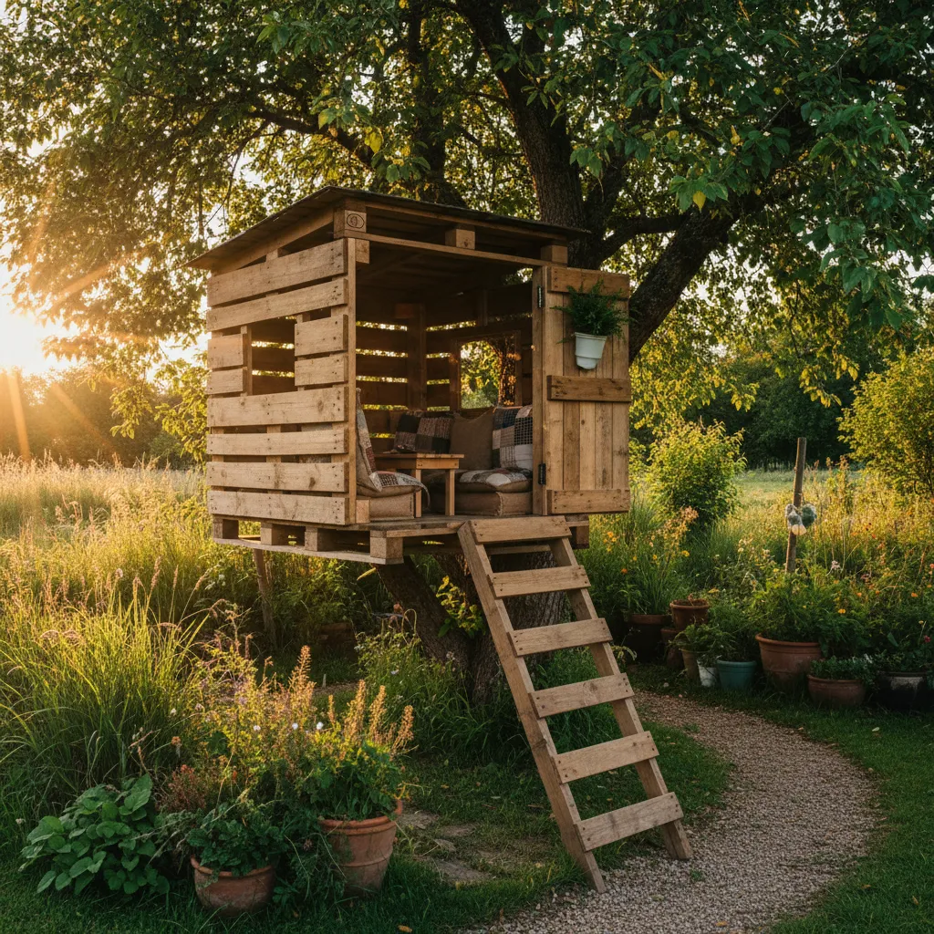 Small wooden treehouse built from pallets in sunny garden with ladder and many green plants