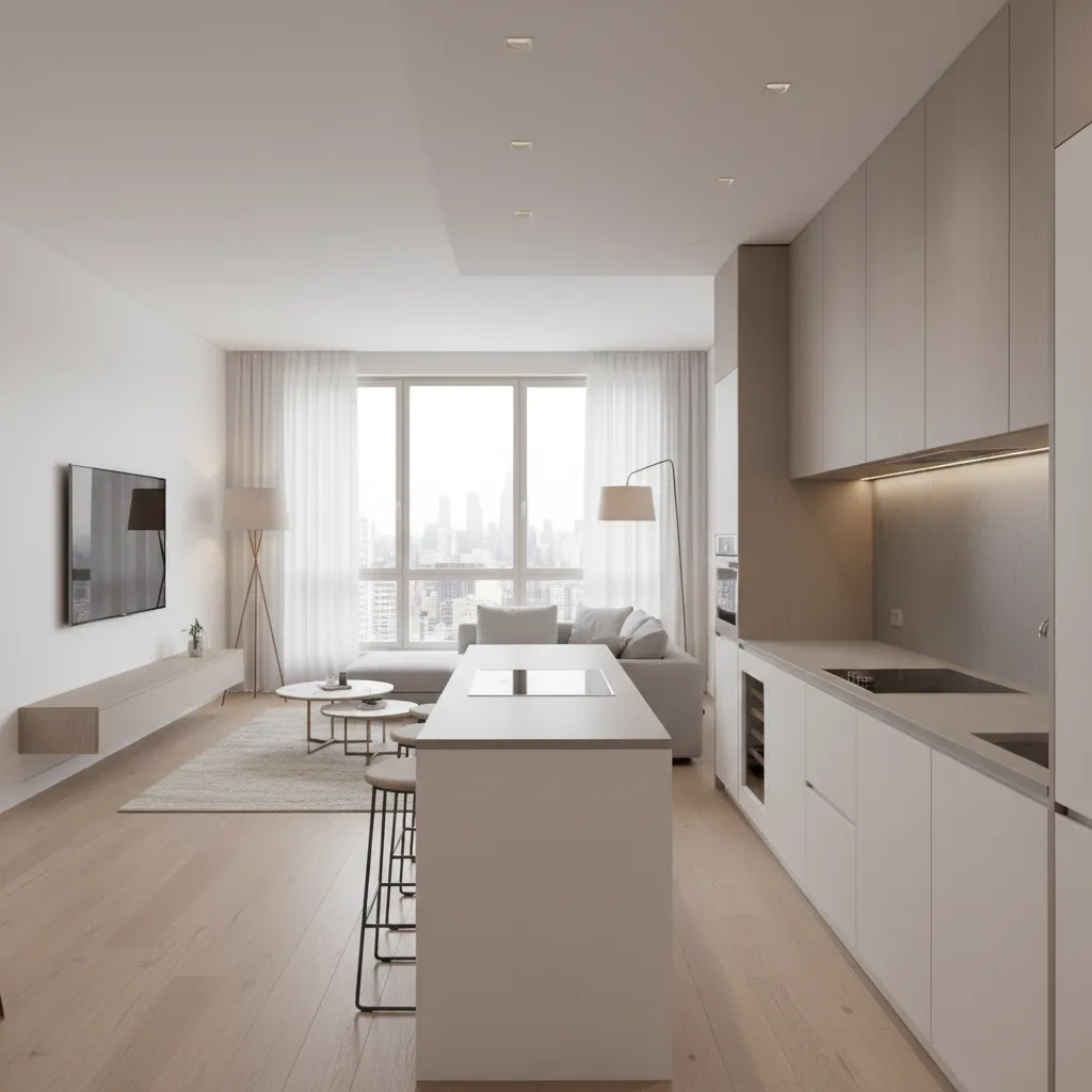 completed modern apartment interior showing modular kitchen and living space after renovation