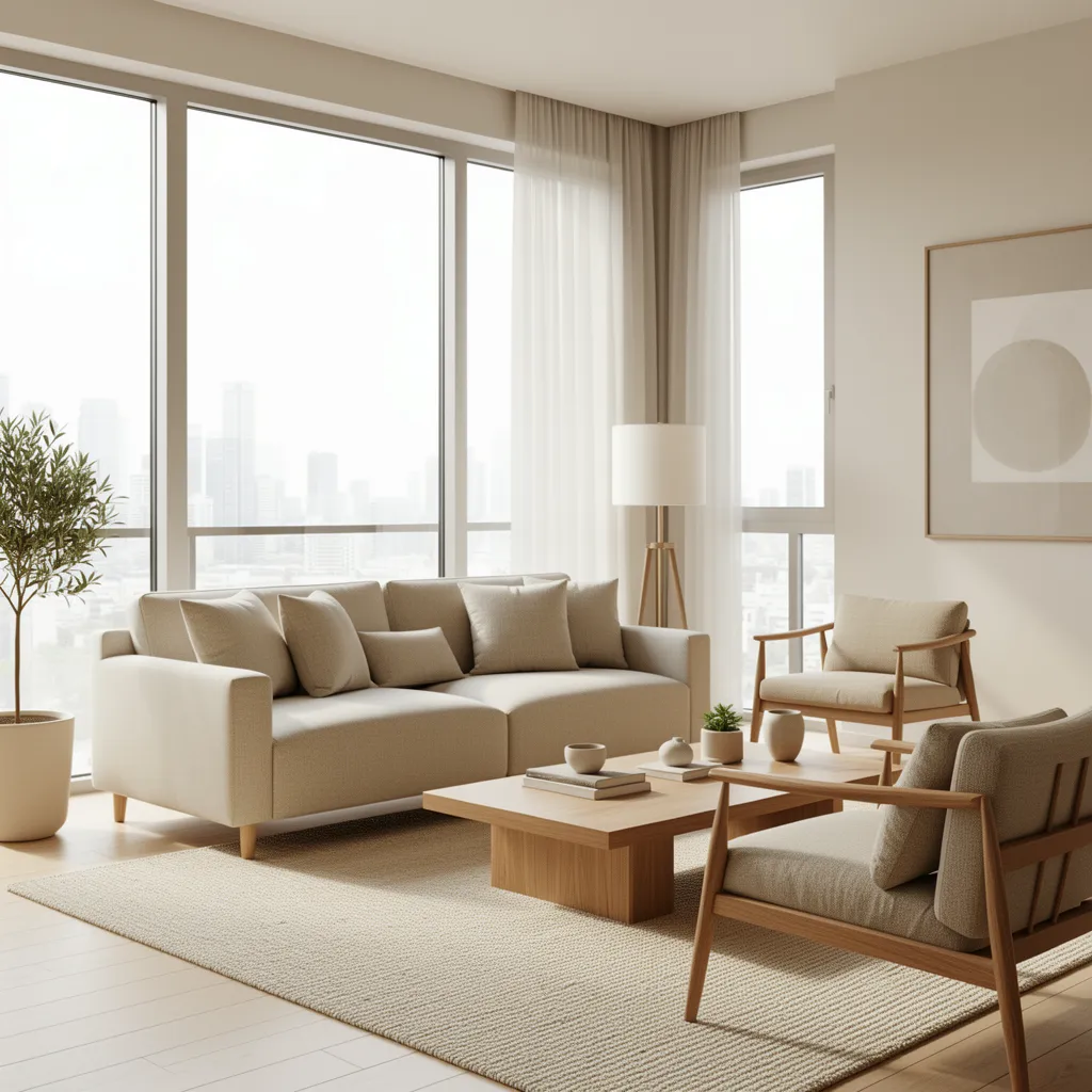 Finished modern apartment interior showing cohesive furniture and materials