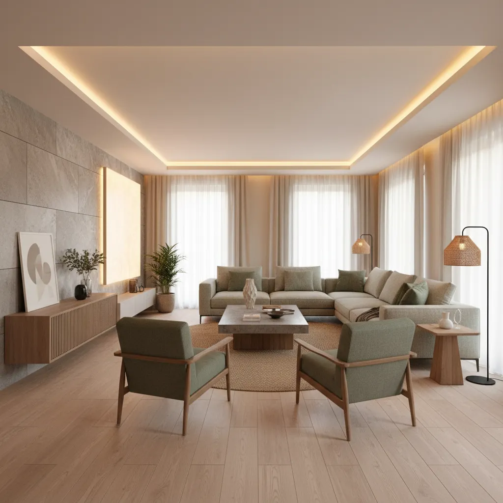 Sala moderna terminada con diseño interior equilibrado y elegante