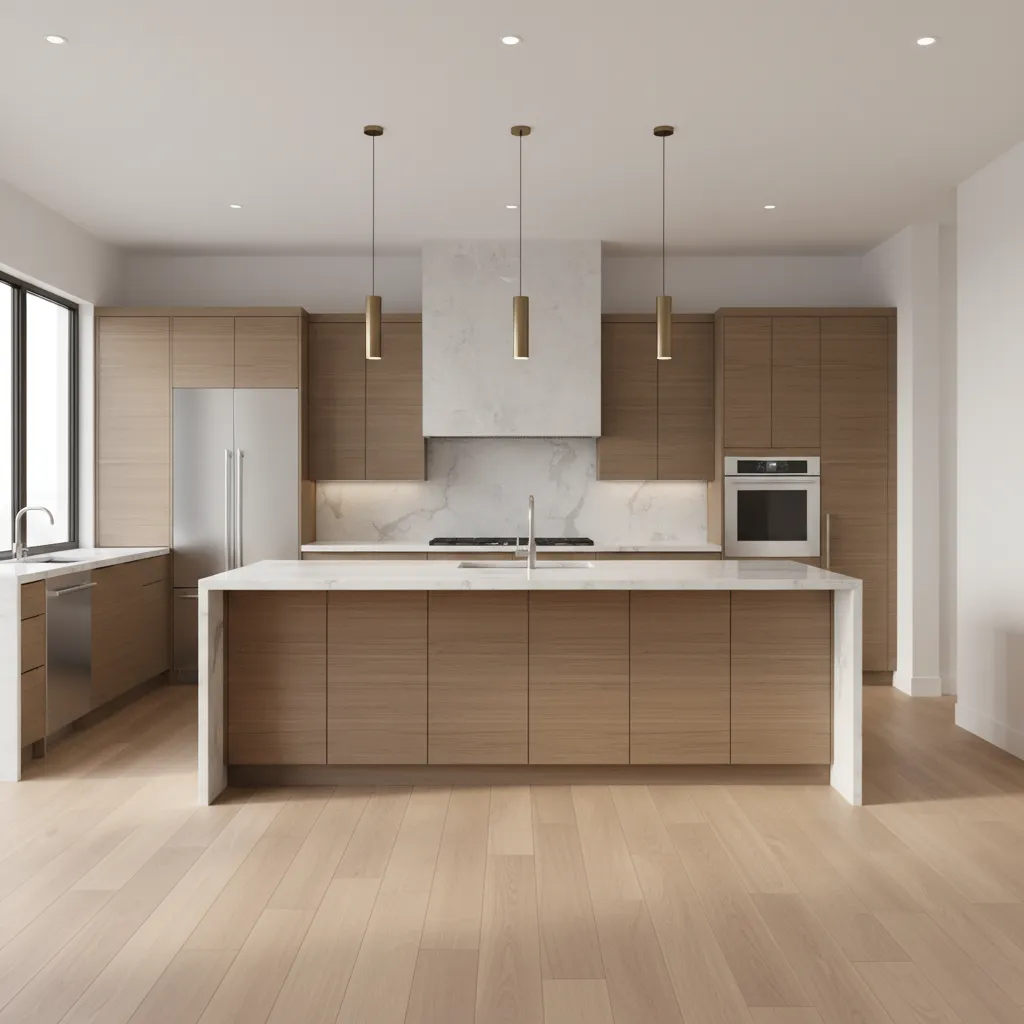 completed modern kitchen remodel with island cabinets and quartz countertops