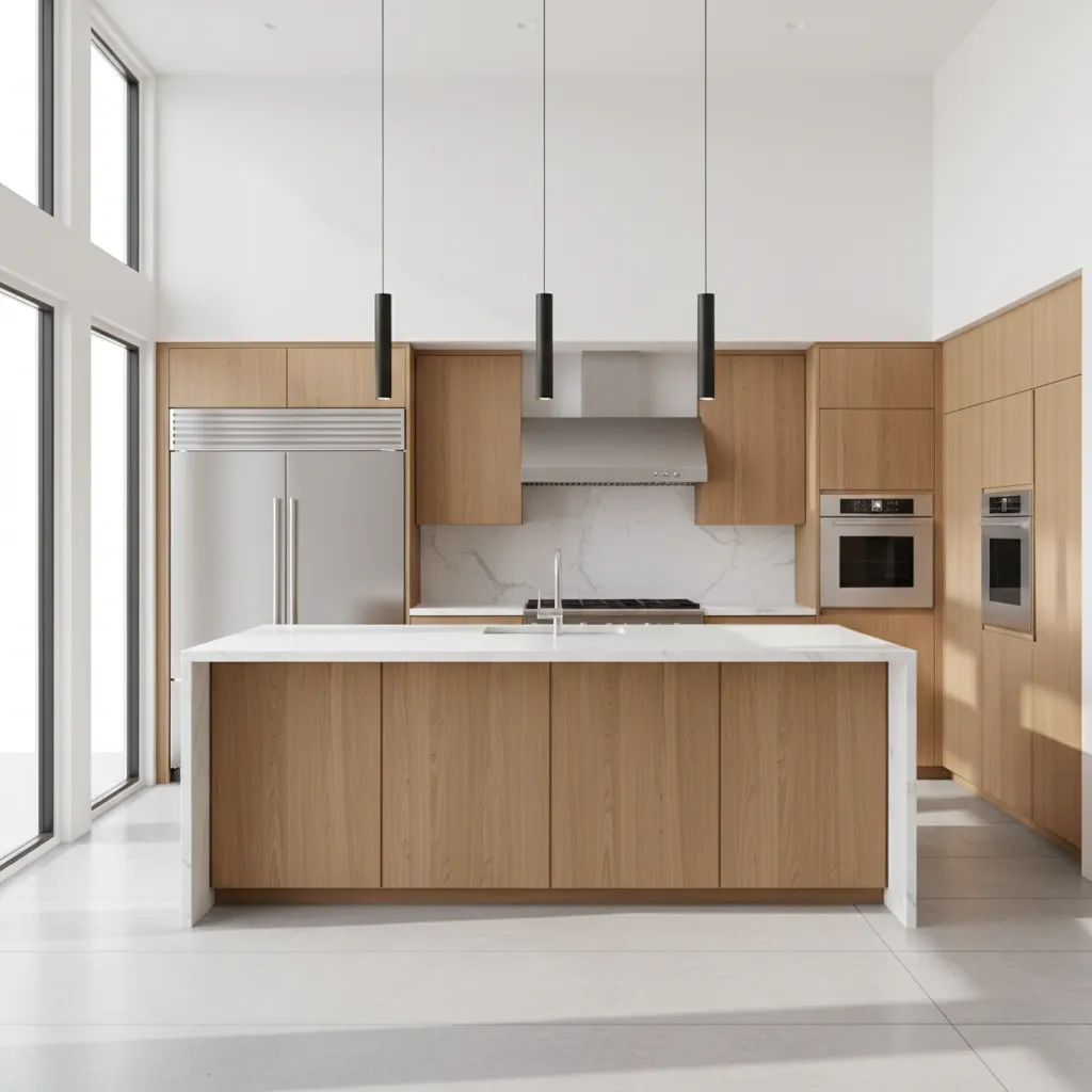 finished modern kitchen after remodeling with island and quartz countertops