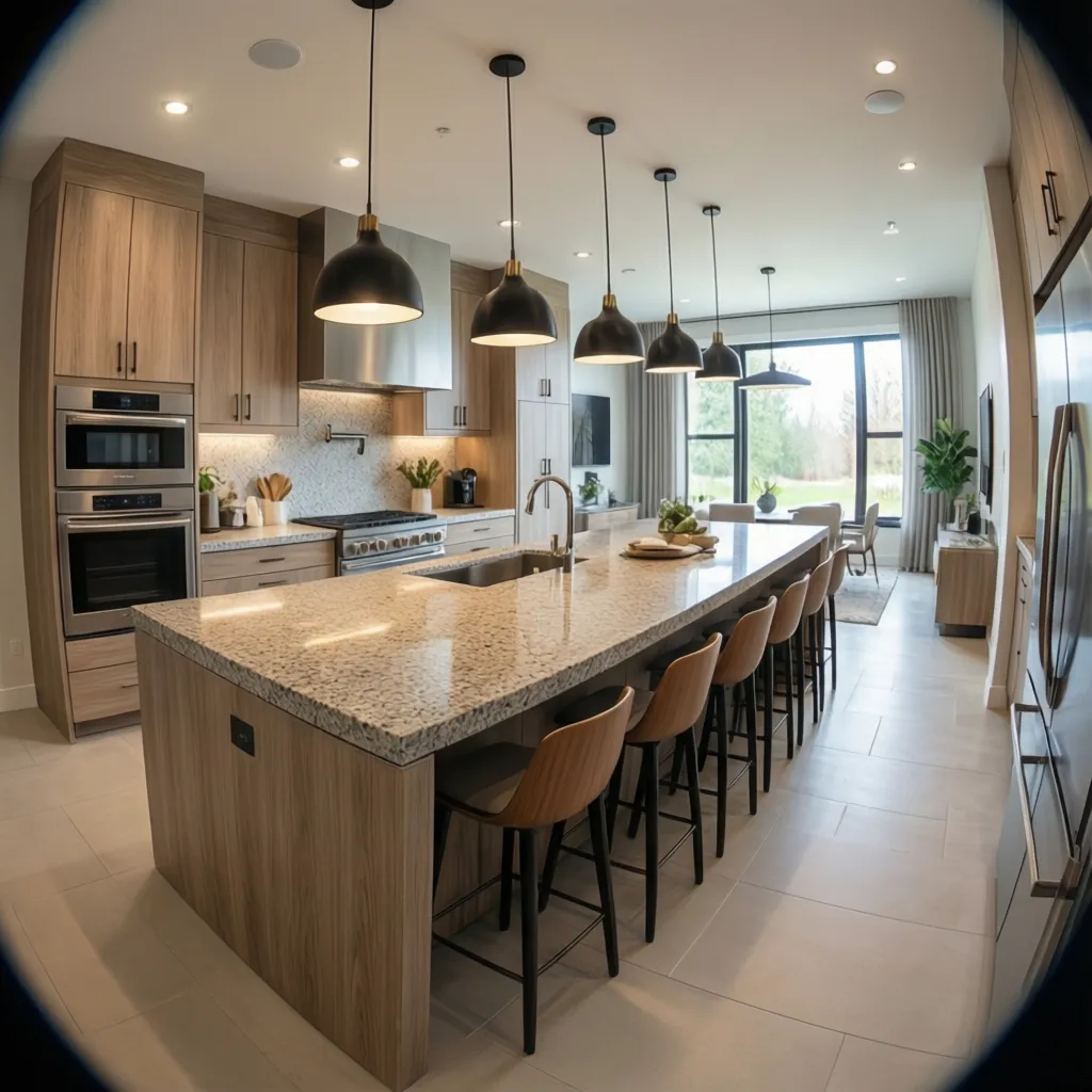 completed modern kitchen remodel with island lighting and new cabinets