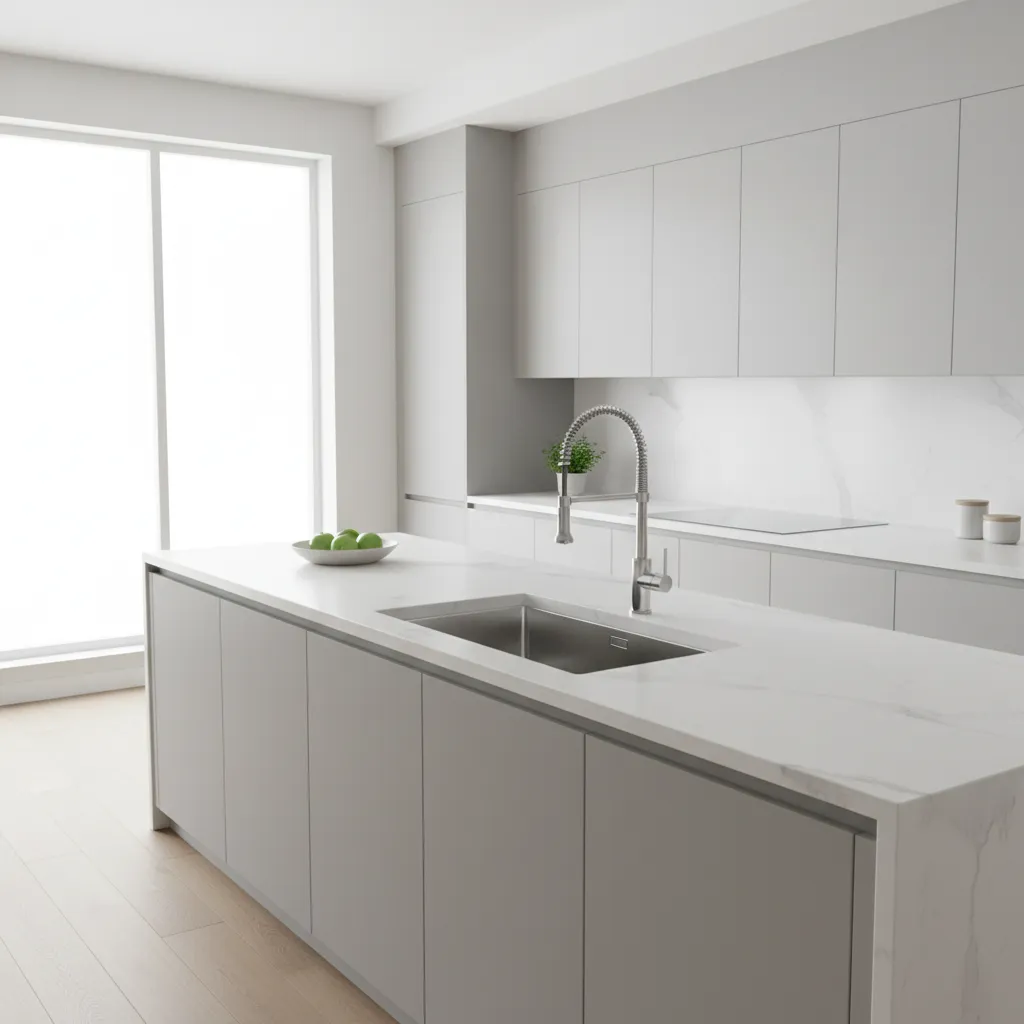 modern kitchen sink and pull down faucet installed on quartz countertop