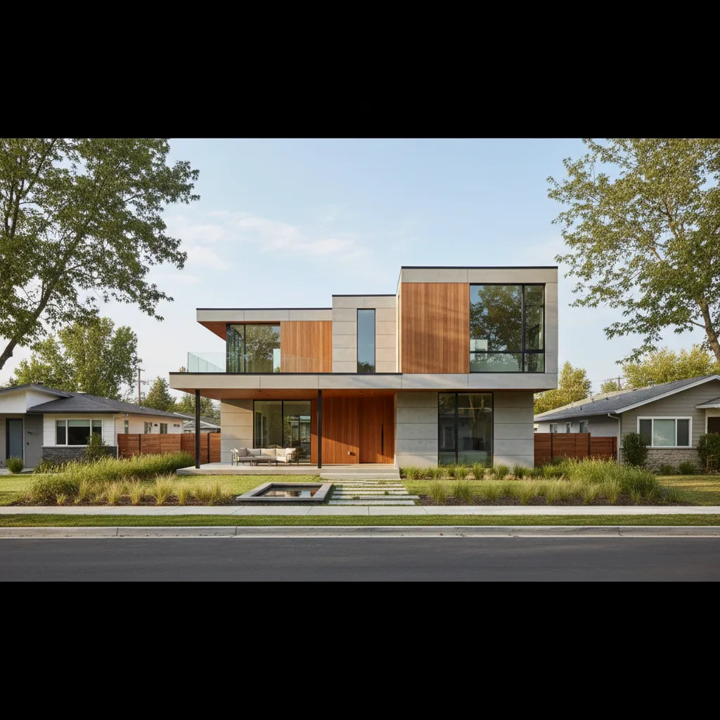completed modern modular house exterior in suburban neighborhood