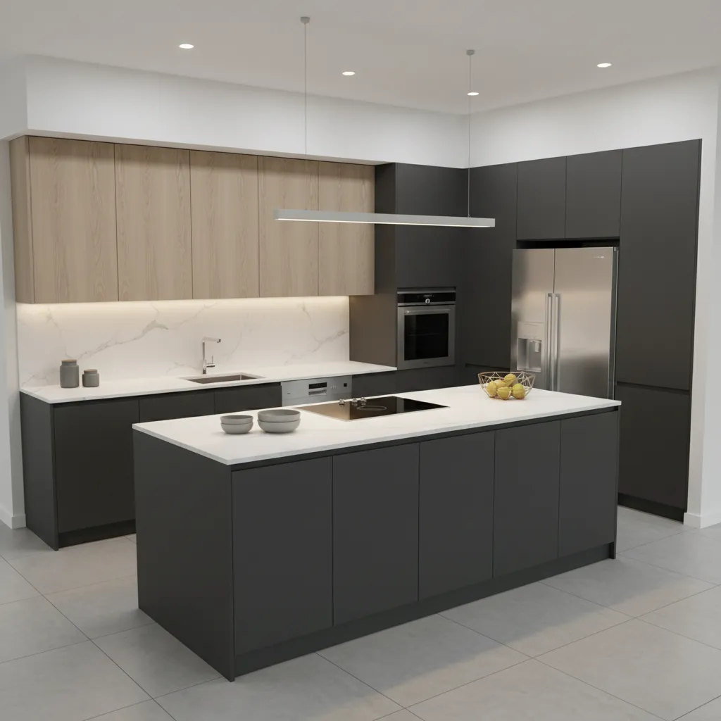 finished modular kitchen interior with modern cabinets and lighting