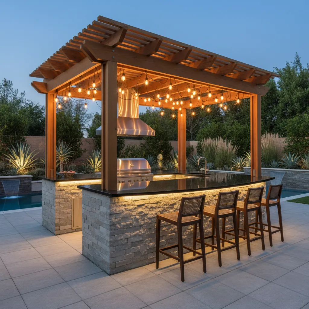 Completed outdoor kitchen with grill island seating and pergola