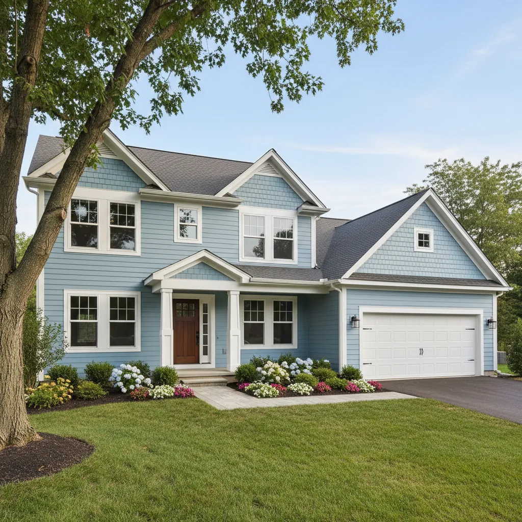 Freshly painted two story house exterior with clean siding and trim