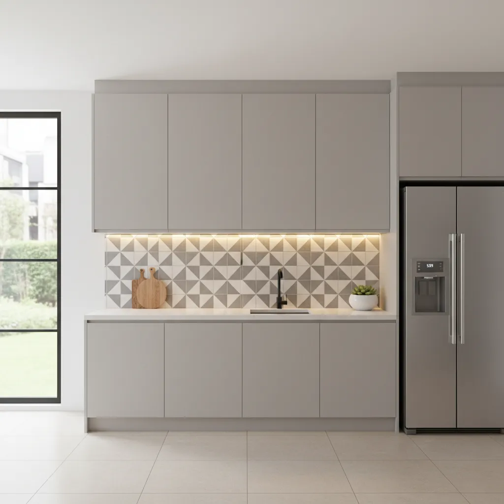 finished kitchen backsplash made with peel and stick wall tiles under cabinet lighting