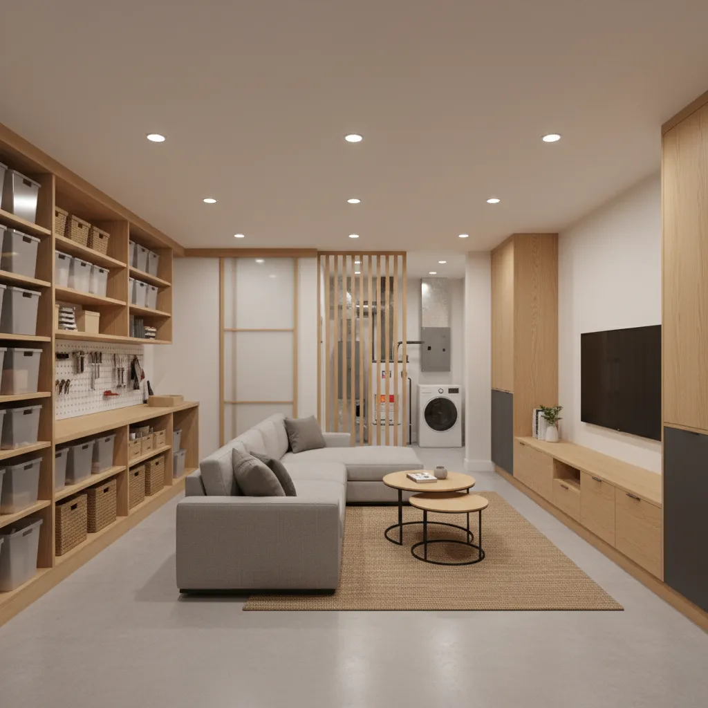 Finished ranch basement layout with recreation and storage zones