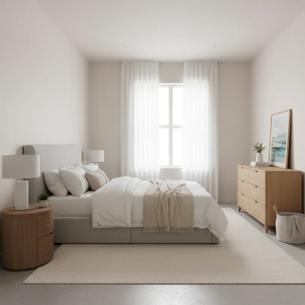 Completed freshly painted small bedroom with neutral walls