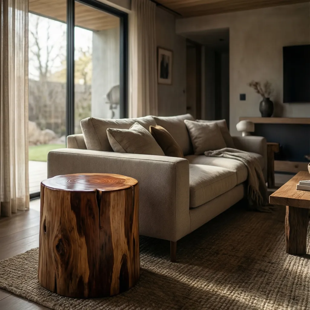 Rustic wood stump table with durable finish used as living room side table