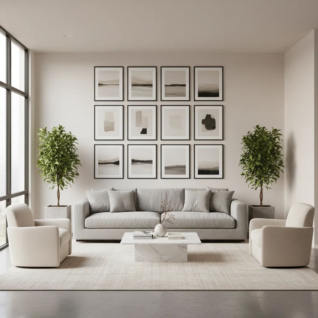 finished same size picture frame gallery wall arranged in perfect grid