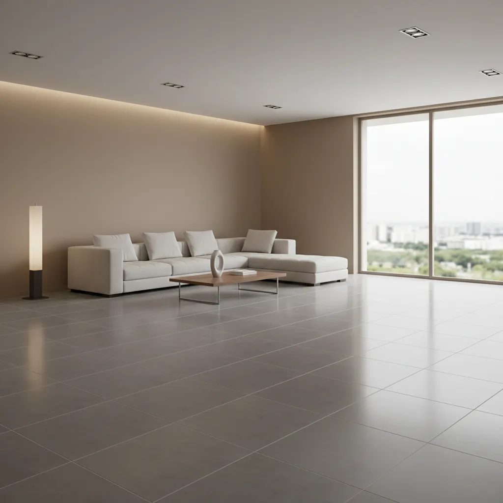 Newly installed tile floor with even grout lines in a modern interior