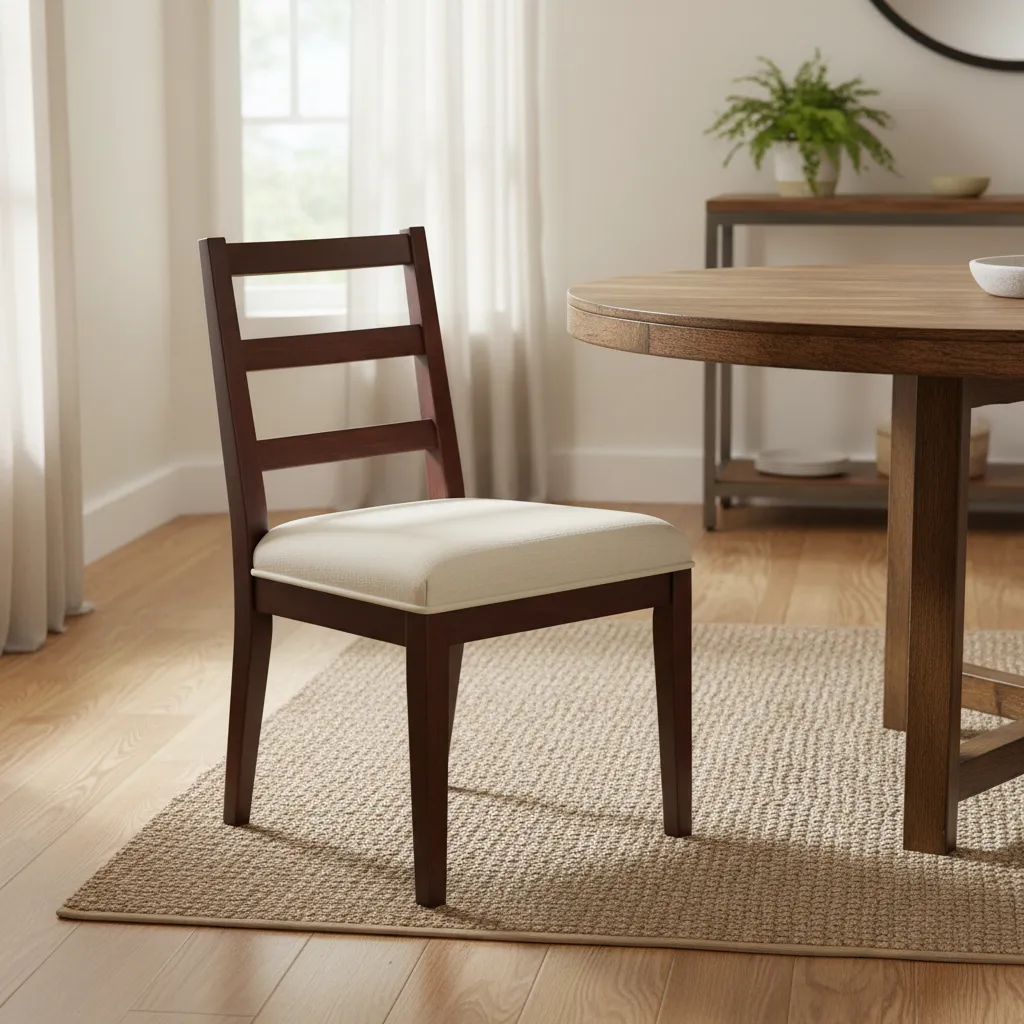 Cleanly upholstered dining chair seat with smooth fabric and neat corners