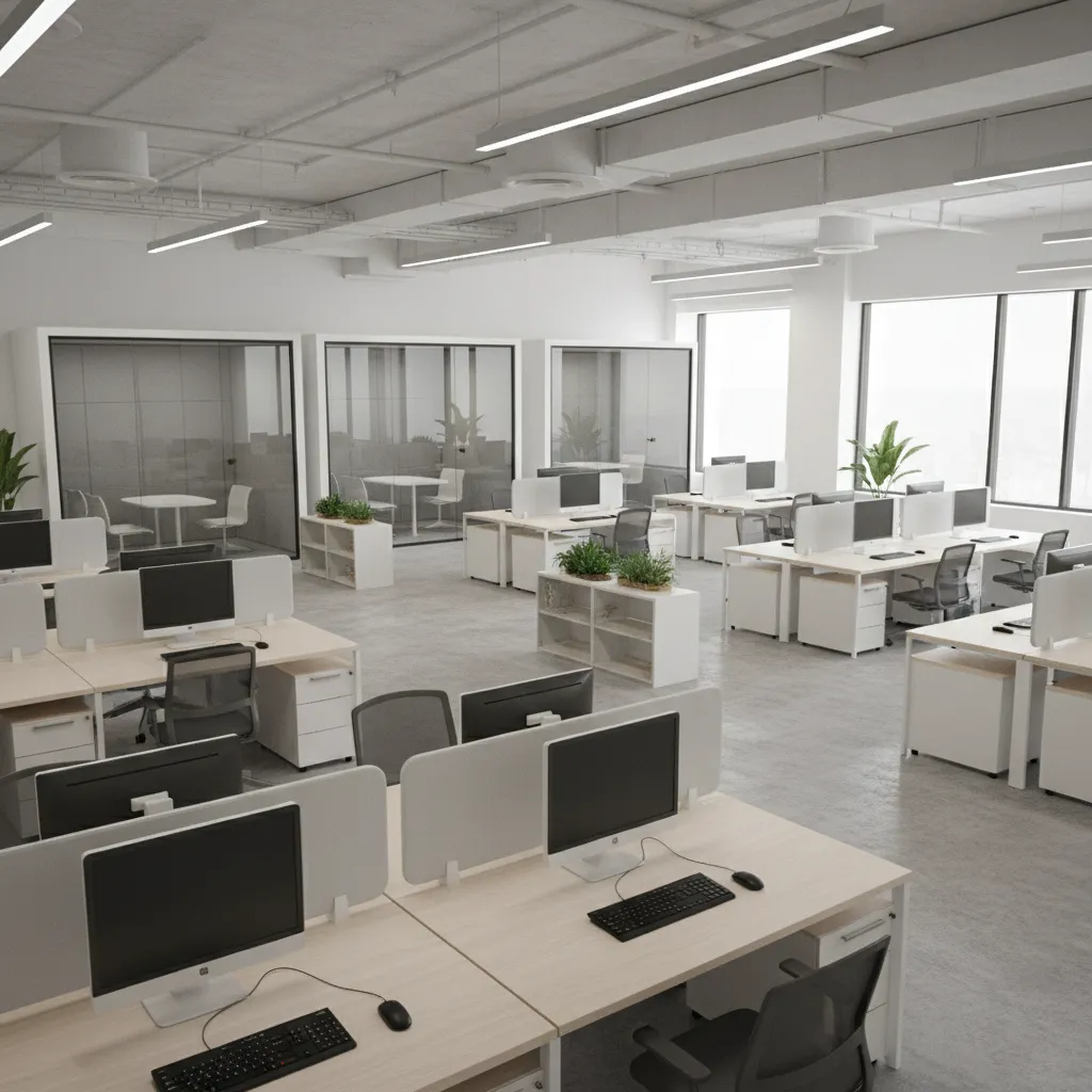 Fintech office workspace with collaborative desks secure tech environment and modern design