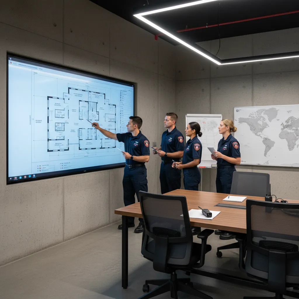 firefighters reviewing building floor plans for emergency response planning