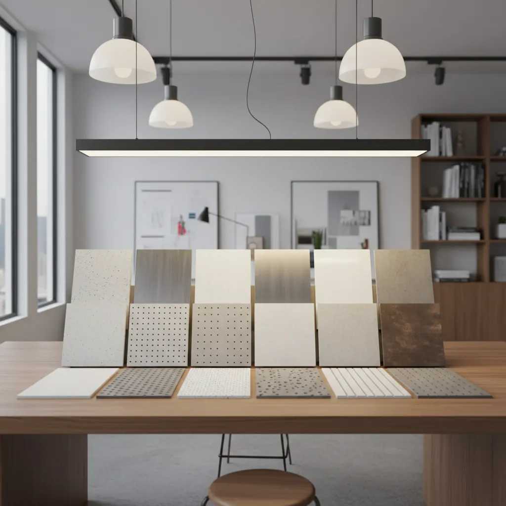 Interior material samples comparing fire resistant decorative panels