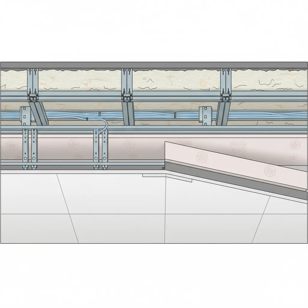 Layered ceiling structure showing fire resistant boards and wiring separation