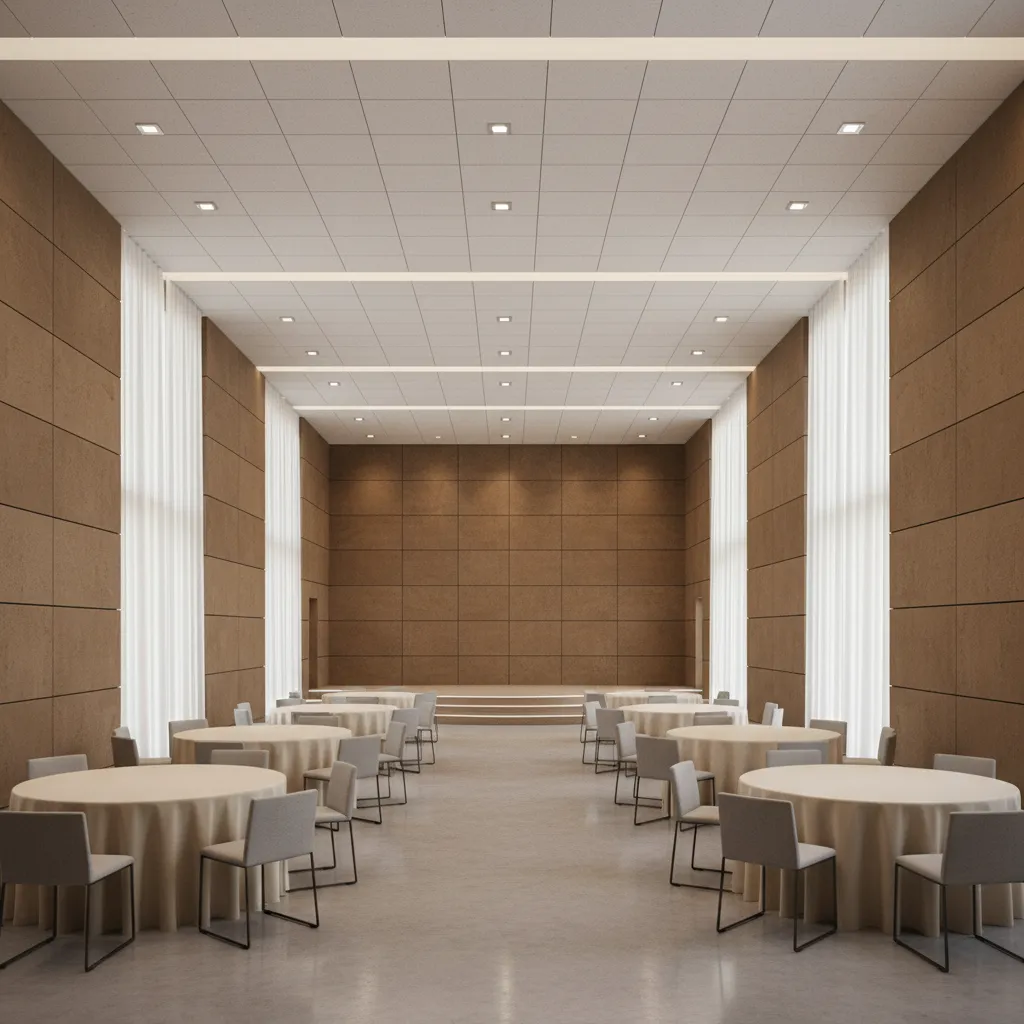 Fire resistant wall panels and acoustic ceiling system in large event hall