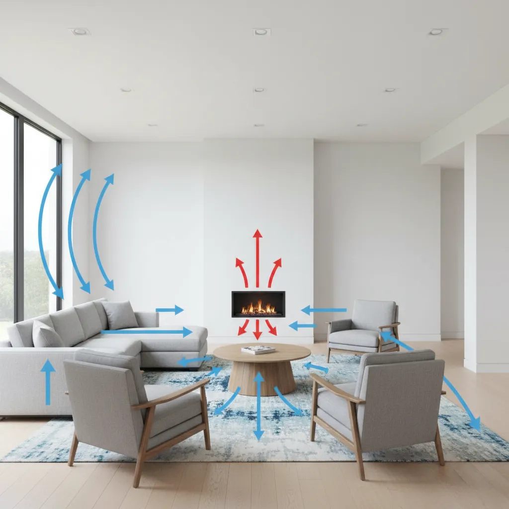Living room layout showing airflow circulation around a small fireplace