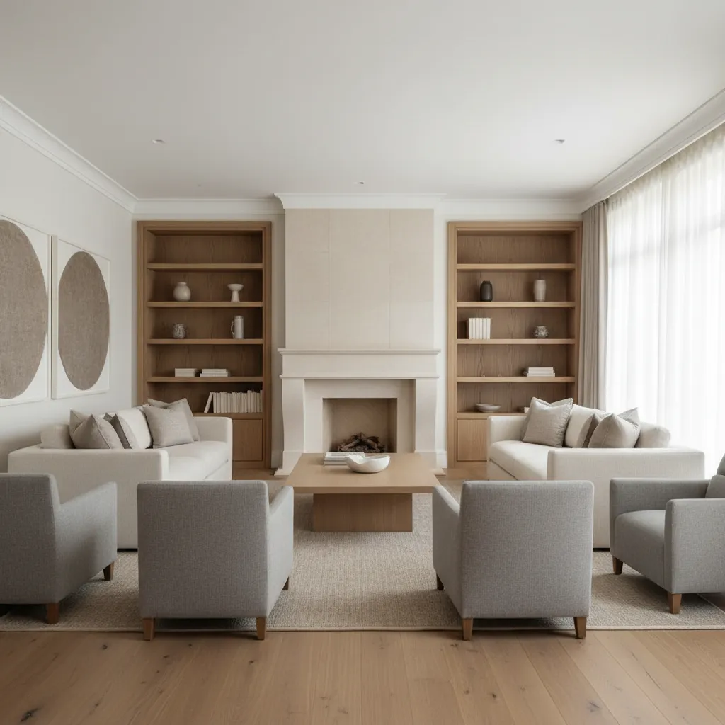 Living room with fireplace as the main focal point and symmetrical furniture layout