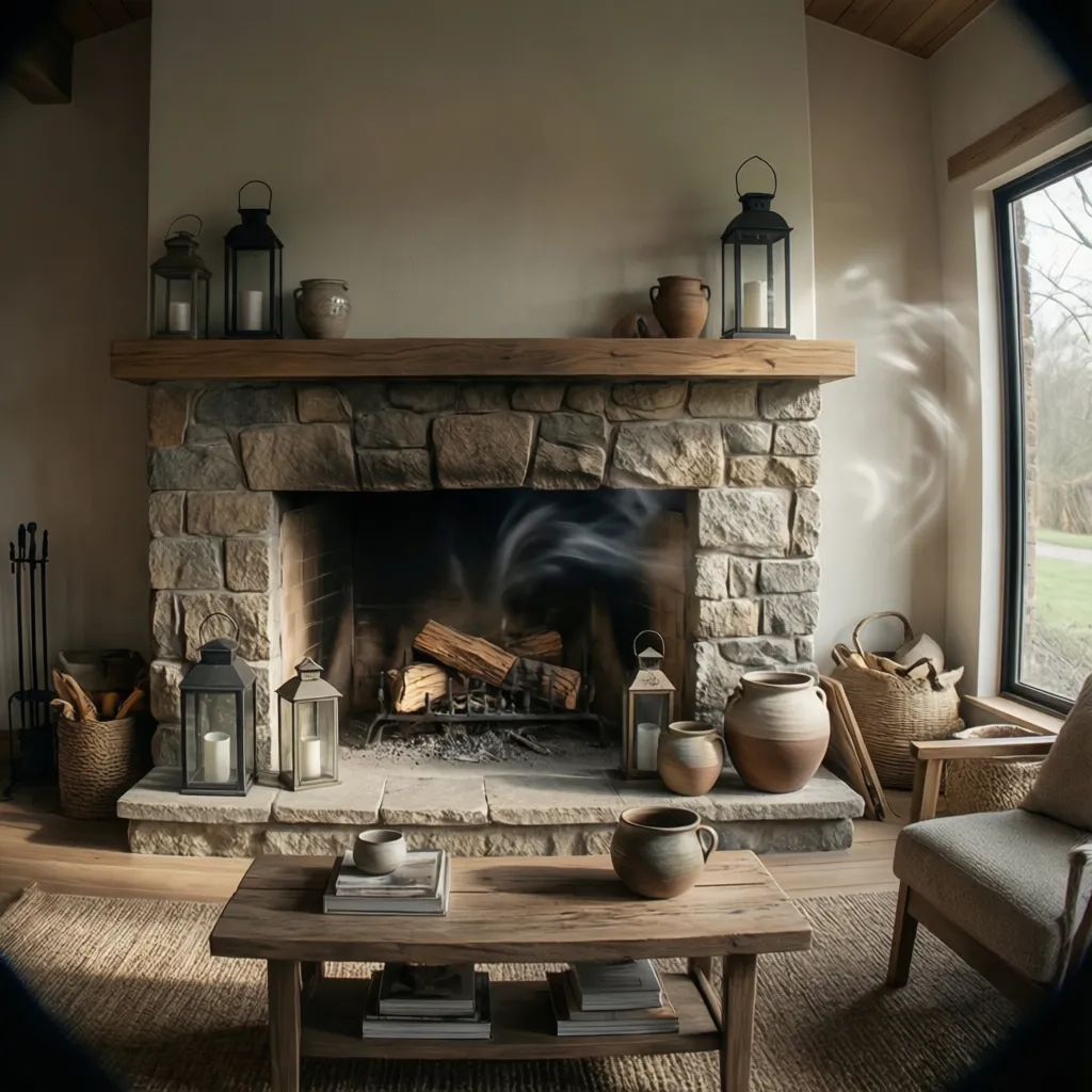 Unused fireplace styled with lanterns leaving airflow gaps behind decor