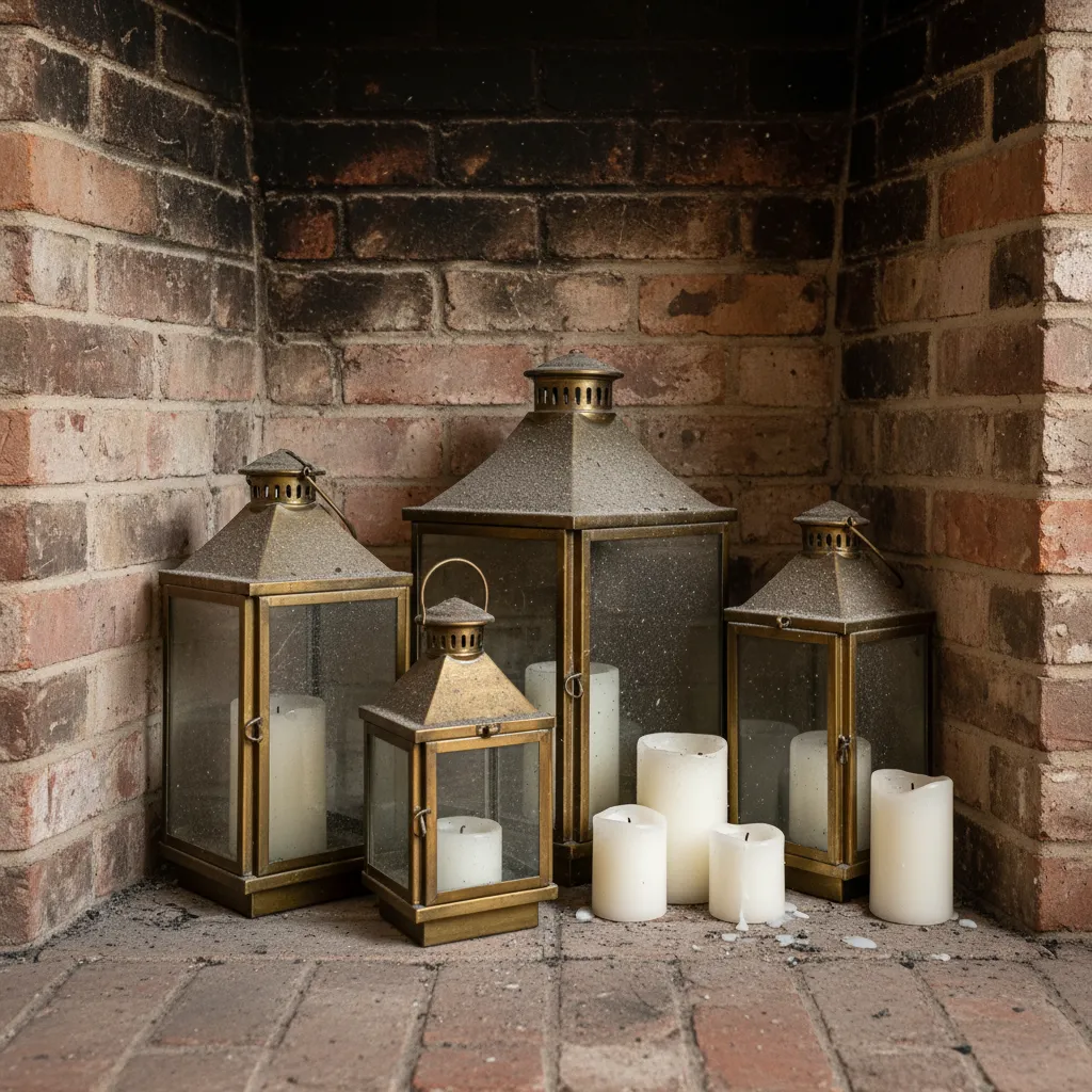 decorative fireplace interior showing dust and soot on candles