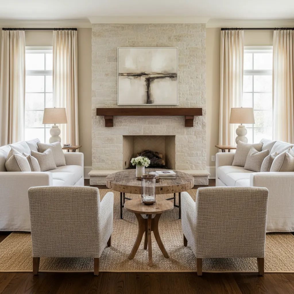 Salón elegante con chimenea como punto focal central