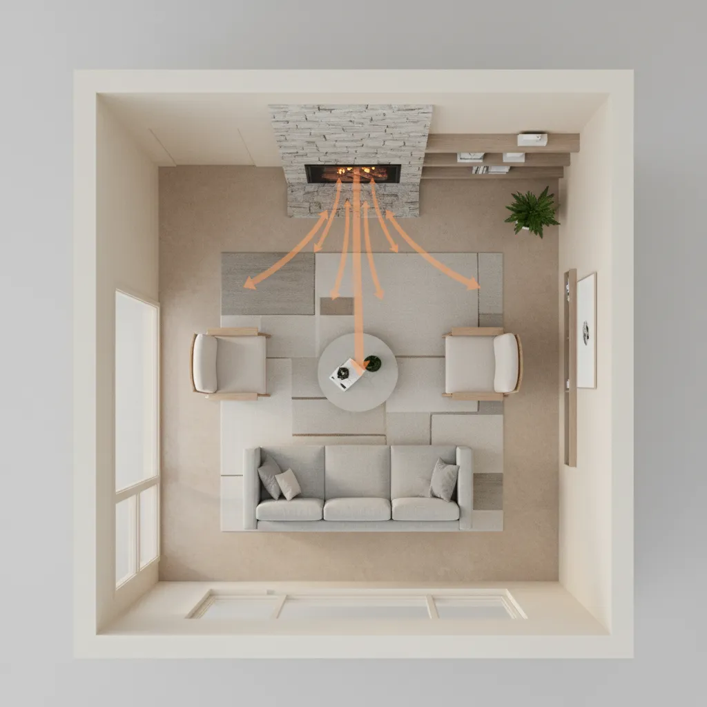 Diagram style living room layout showing heat circulation from fireplace