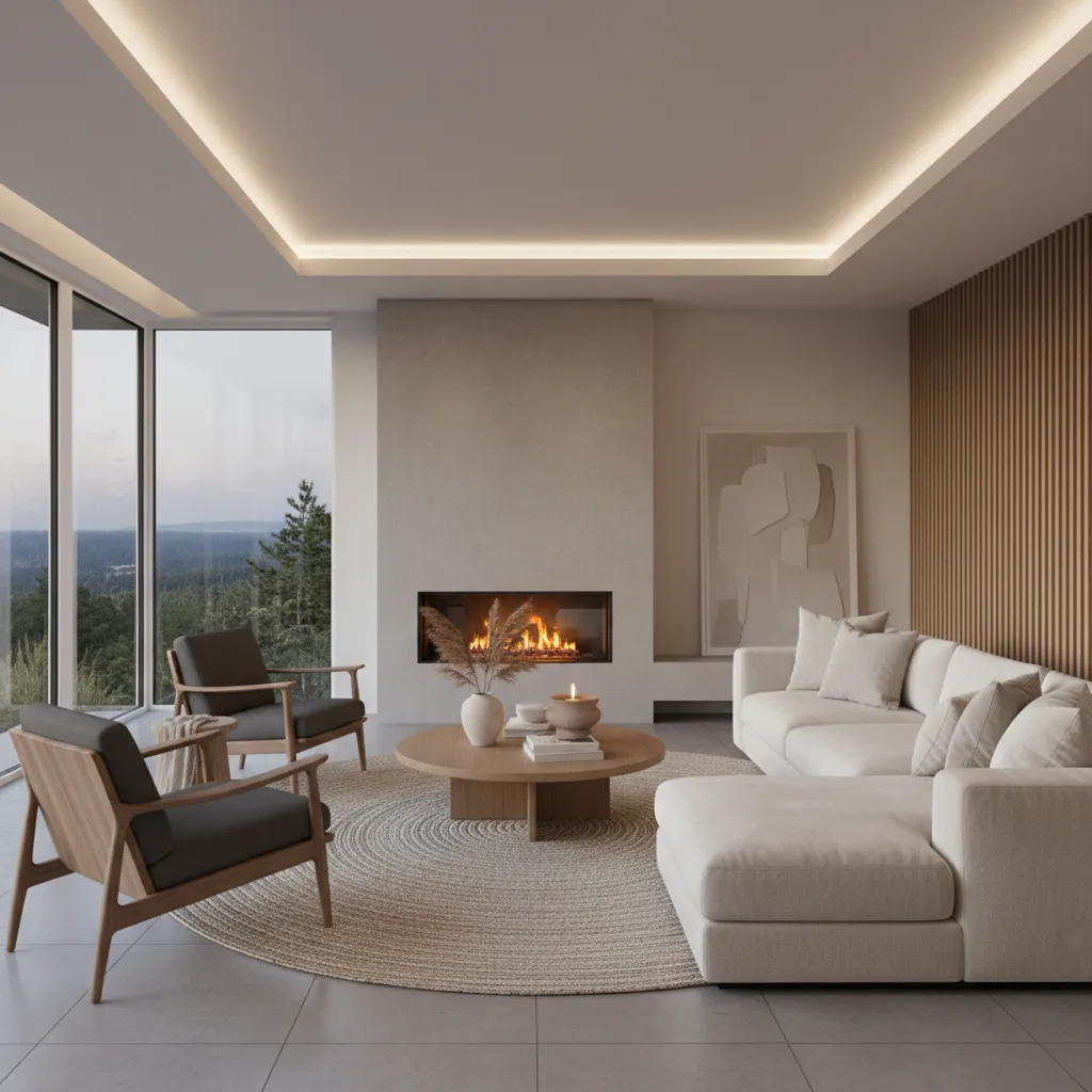 Sala de estar organizada alrededor de una chimenea moderna