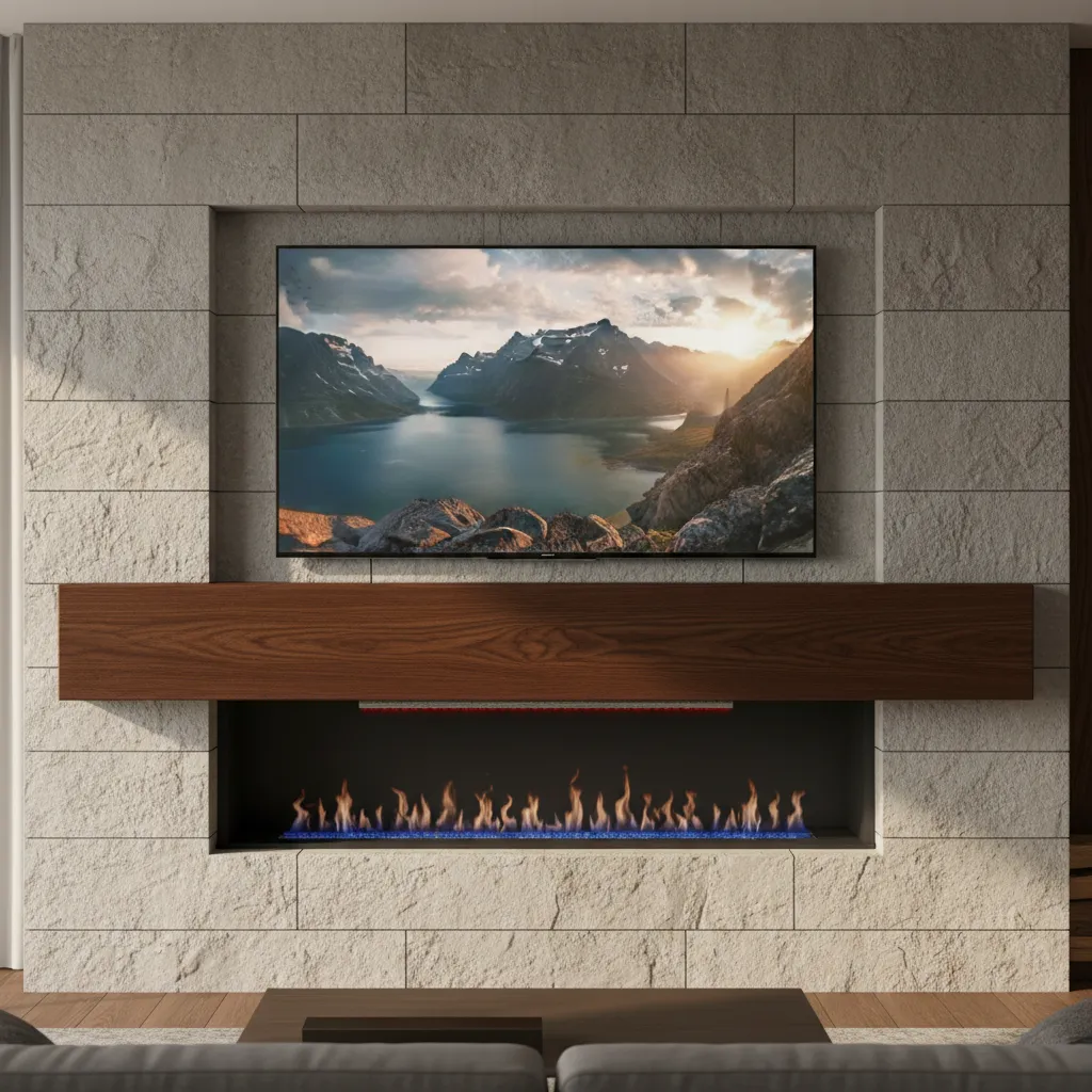 deep mantel above fireplace protecting wall mounted television from rising heat