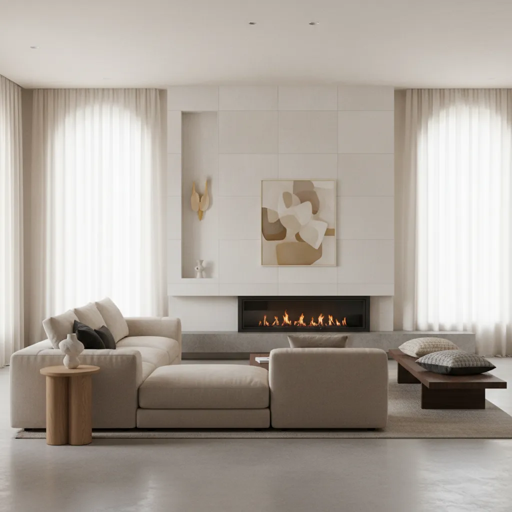 Living room layout diagram showing safe seating distance from fireplace