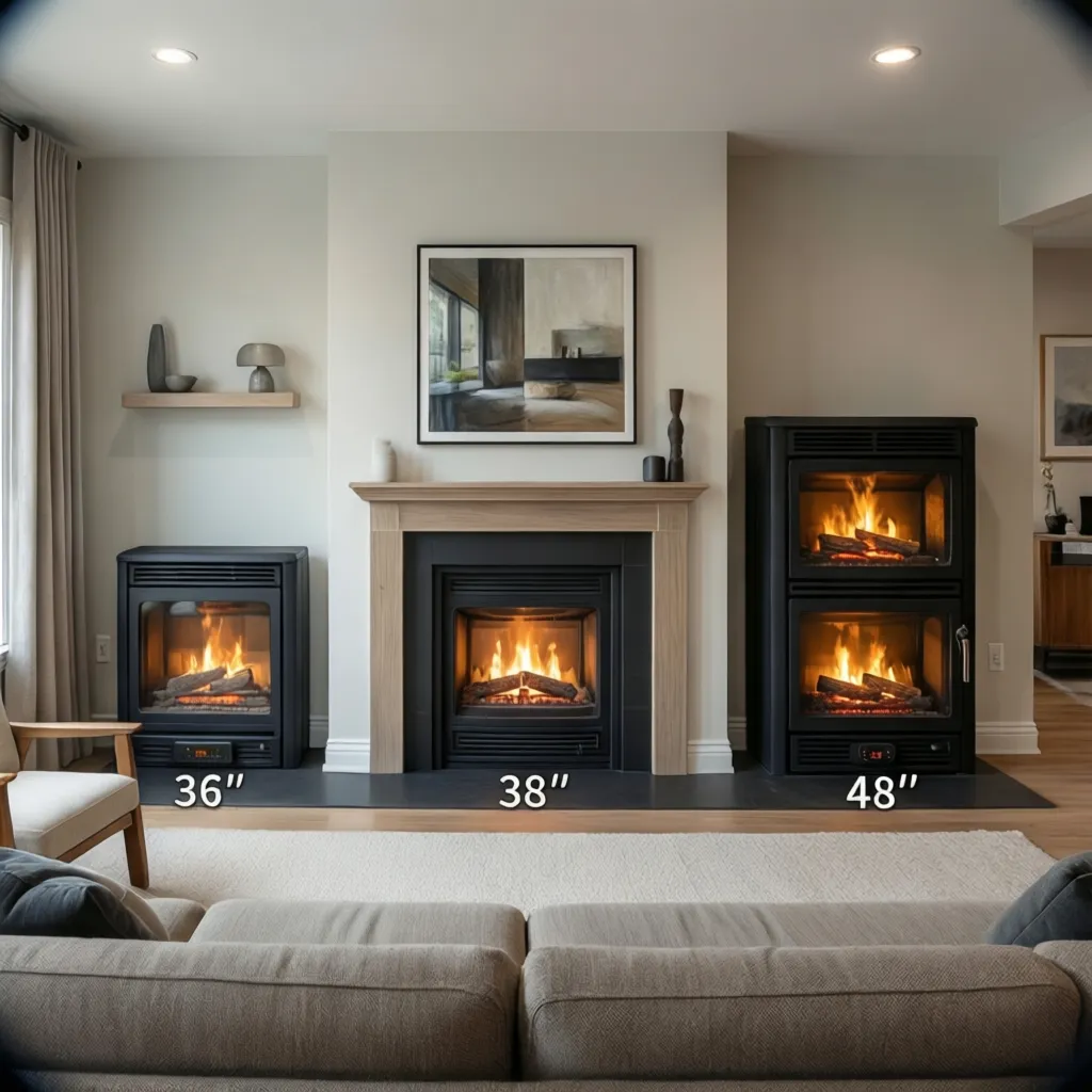 Comparison of different fireplace sizes on a small living room wall