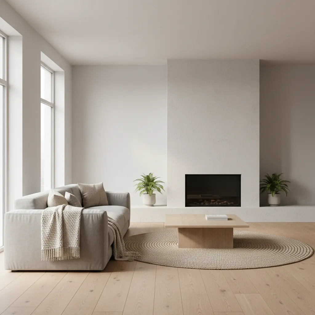 living room sofa positioned at safe distance from fireplace with coffee table between