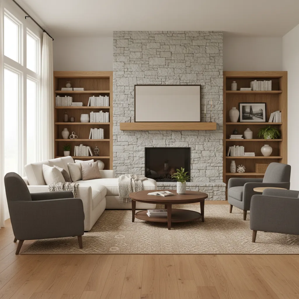 Living room with sofa positioned near fireplace focal wall