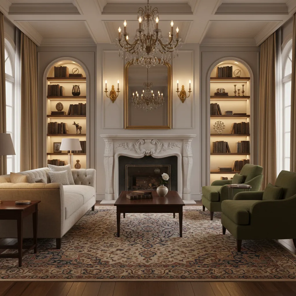 Living room fireplace framed by two decorative wall sconces