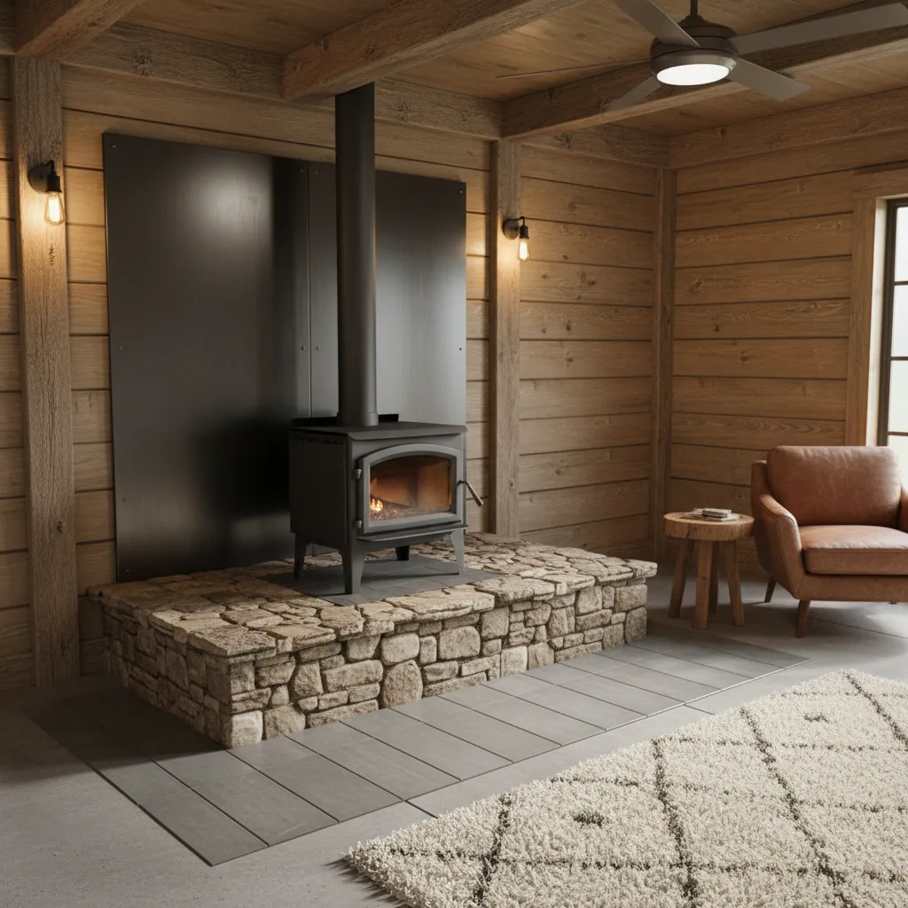 Wood stove installed with stone hearth and metal heat shield wall protection