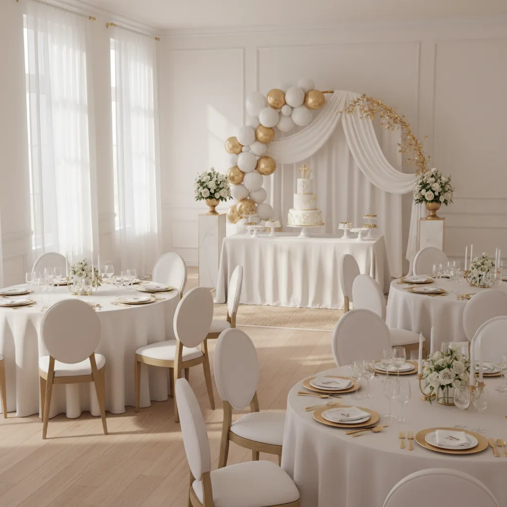 Example of a First Communion party room with decorated cake table backdrop and seating layout