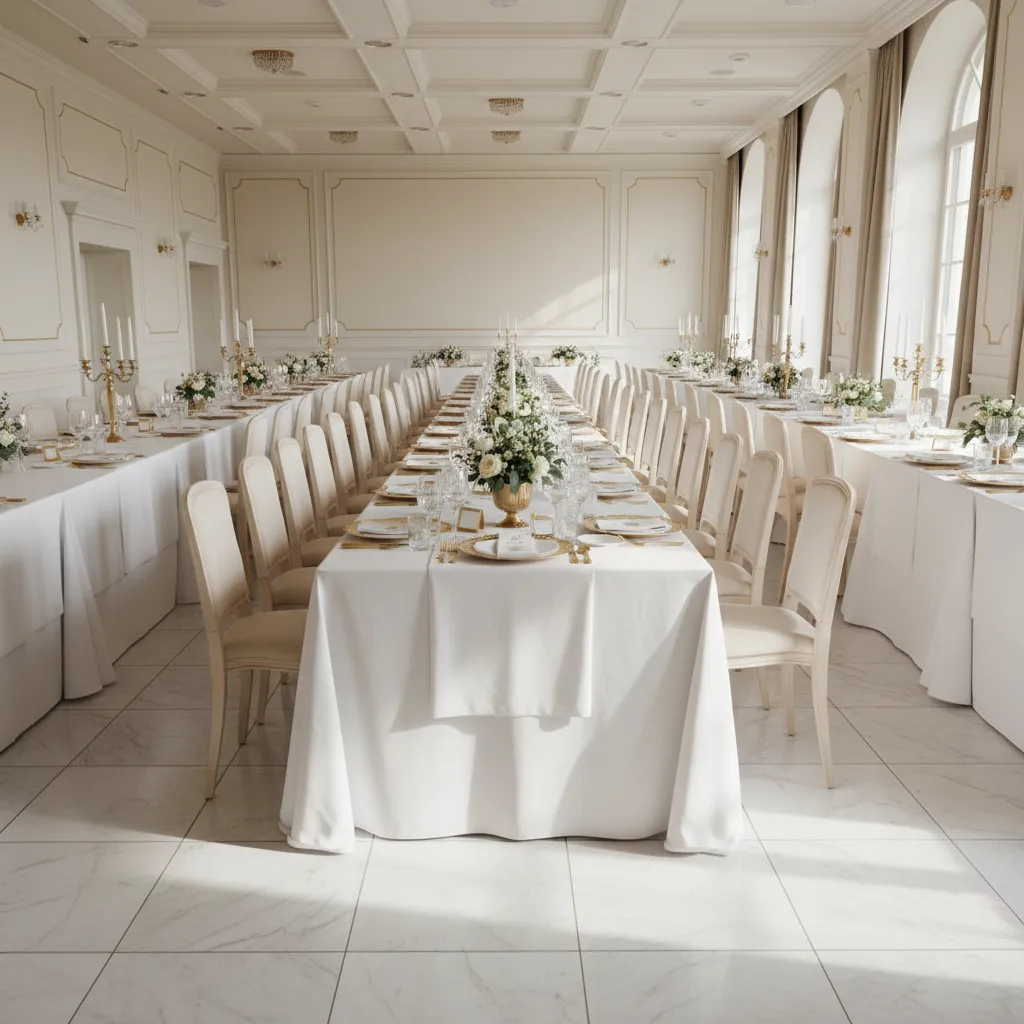 elegant First Communion party table setup with white decorations and floral centerpieces