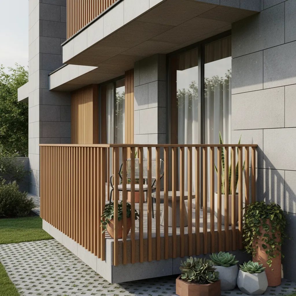 Stylish first floor balcony with seating and greenery