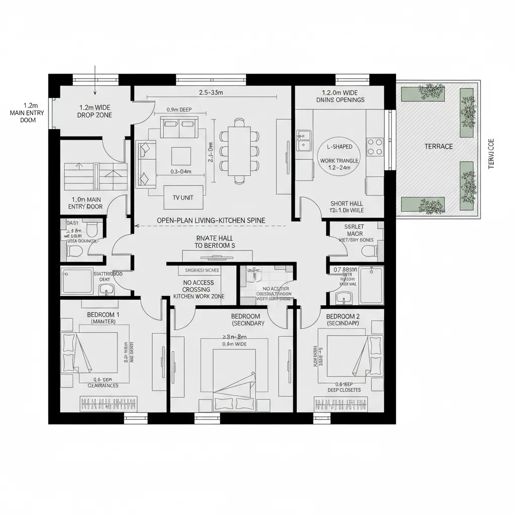 Three bedroom floor plan with living room dining area kitchen entry area and a terrace