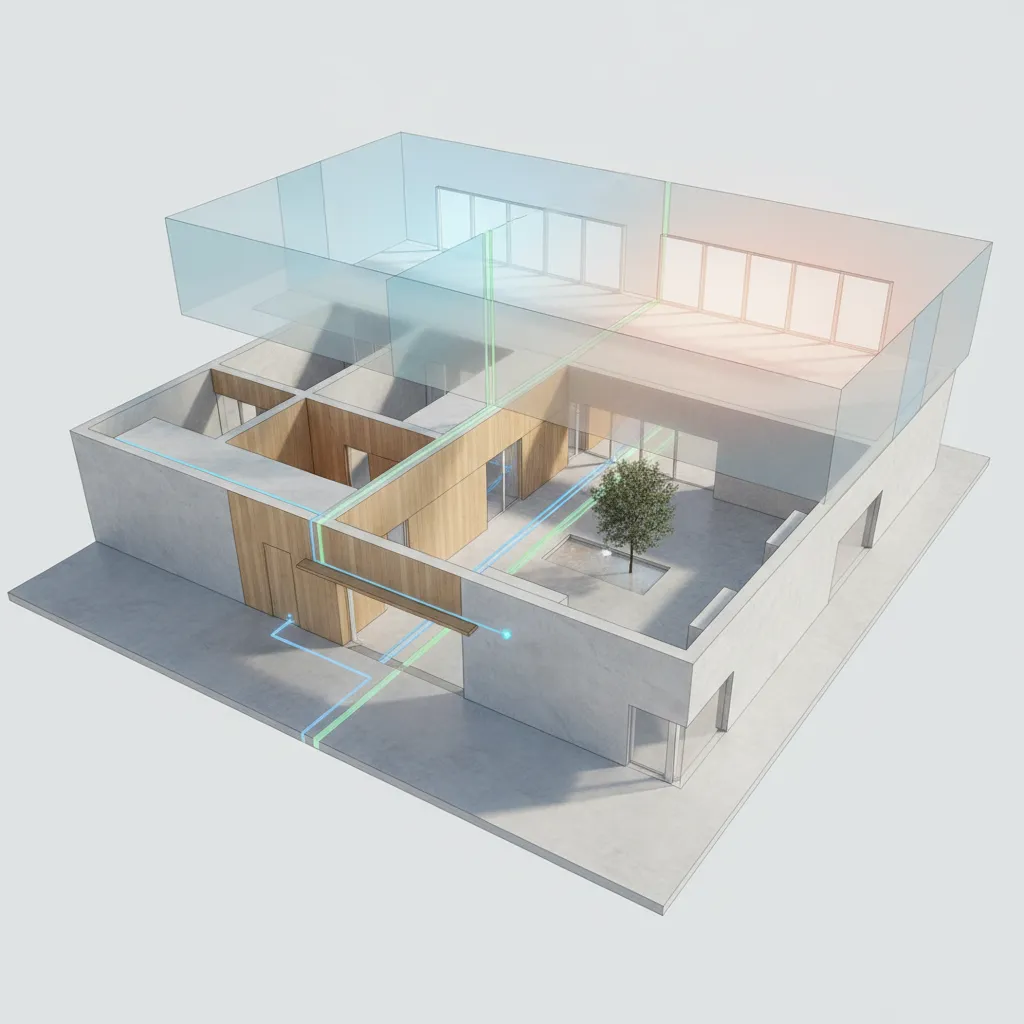 Modern interior design drawing of a house with a courtyard tree and blue light flow lines