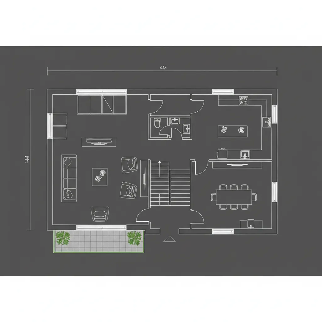 Open plan living area layout with kitchen, dining room, stairs, bathroom, sofa, and outdoor terrace